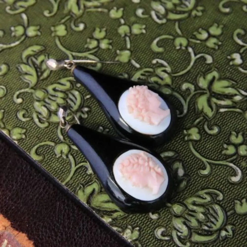 Antique Victorian Whitby Jet Cameo Coral Earrings