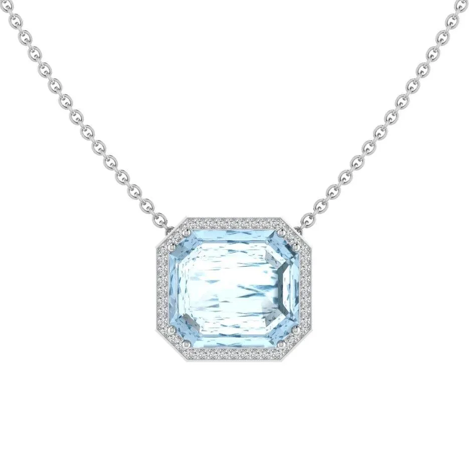 Aquamarine Emerald Cut Diamond Halo Pendant