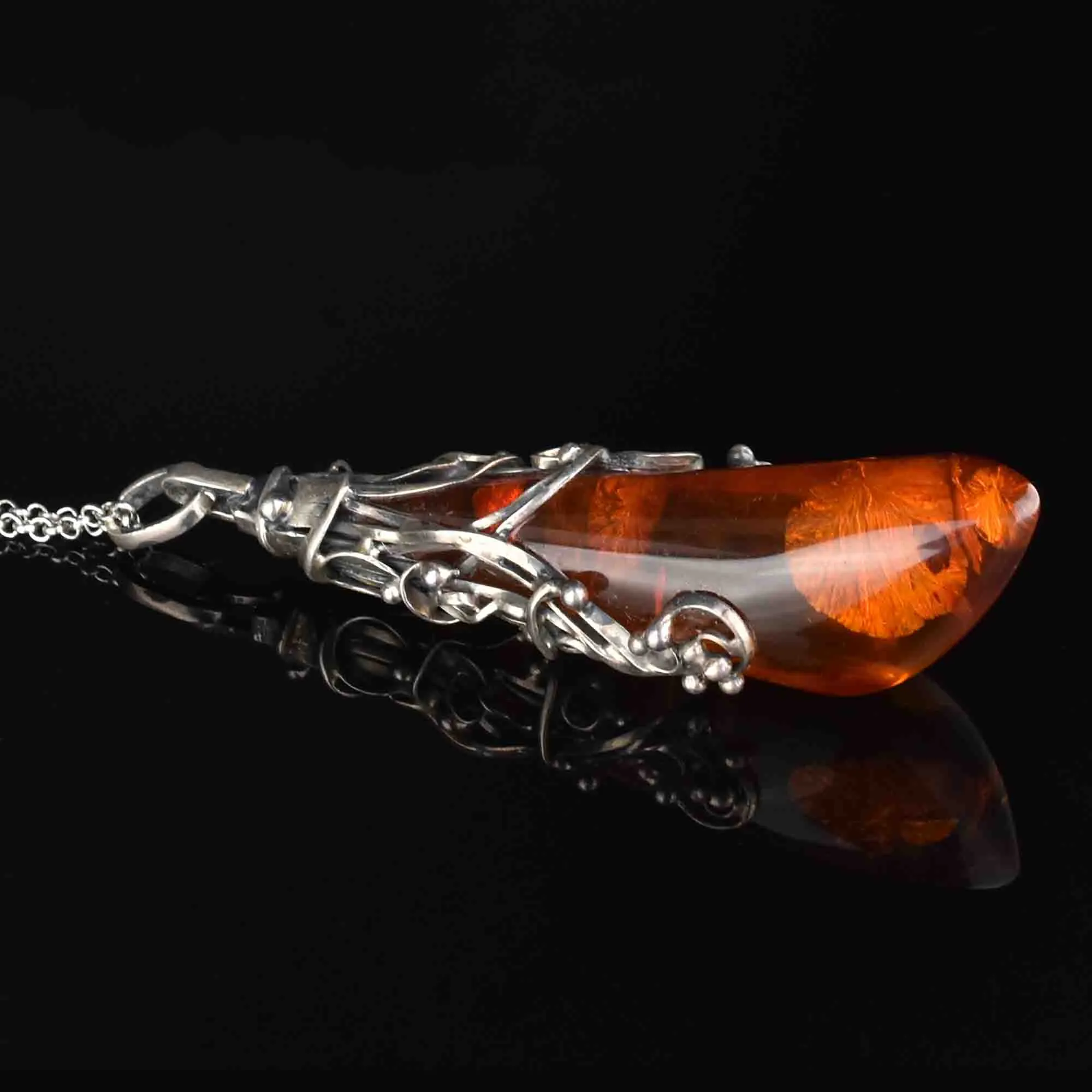 Arts and Crafts Style Silver Baltic Amber Pendant Necklace