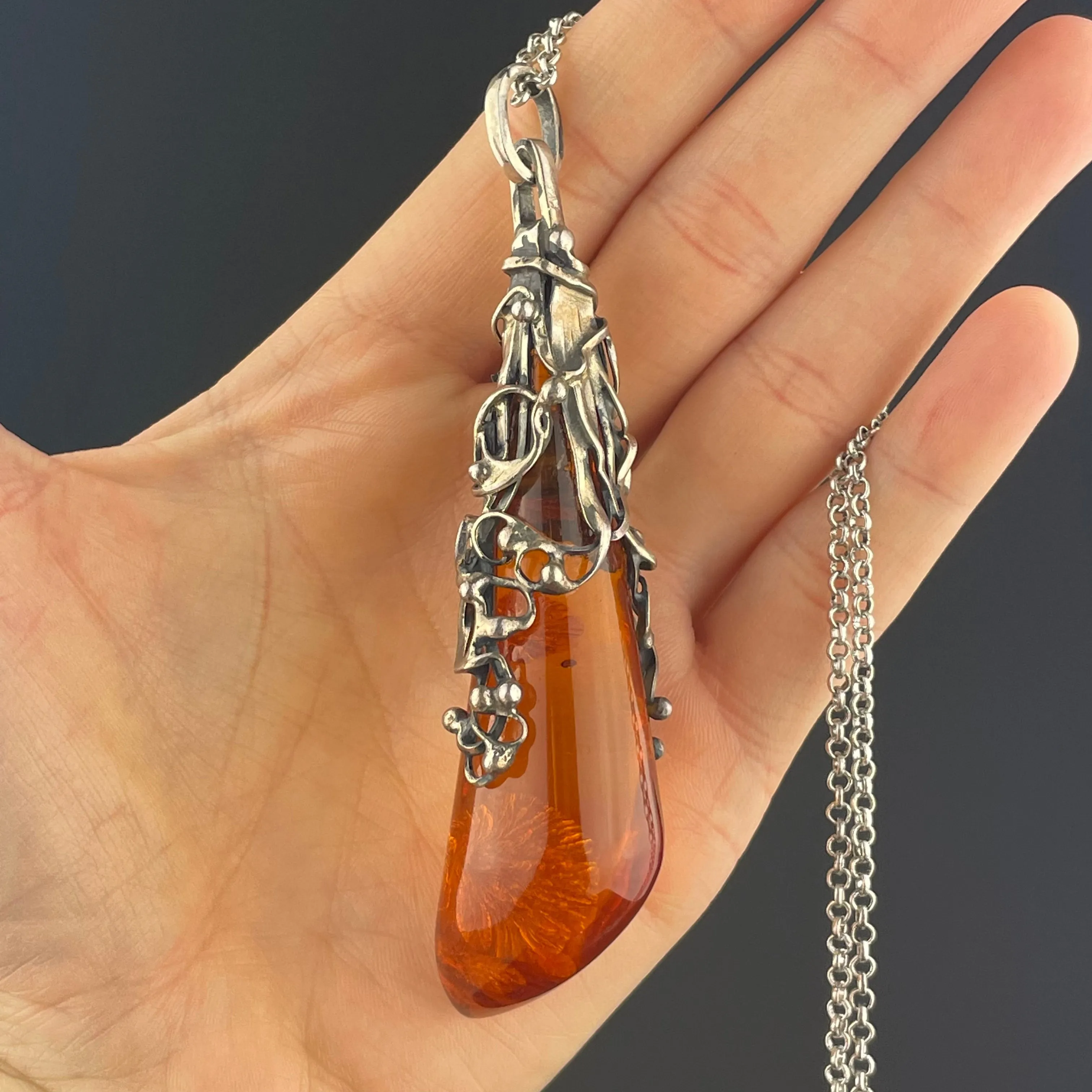 Arts and Crafts Style Silver Baltic Amber Pendant Necklace