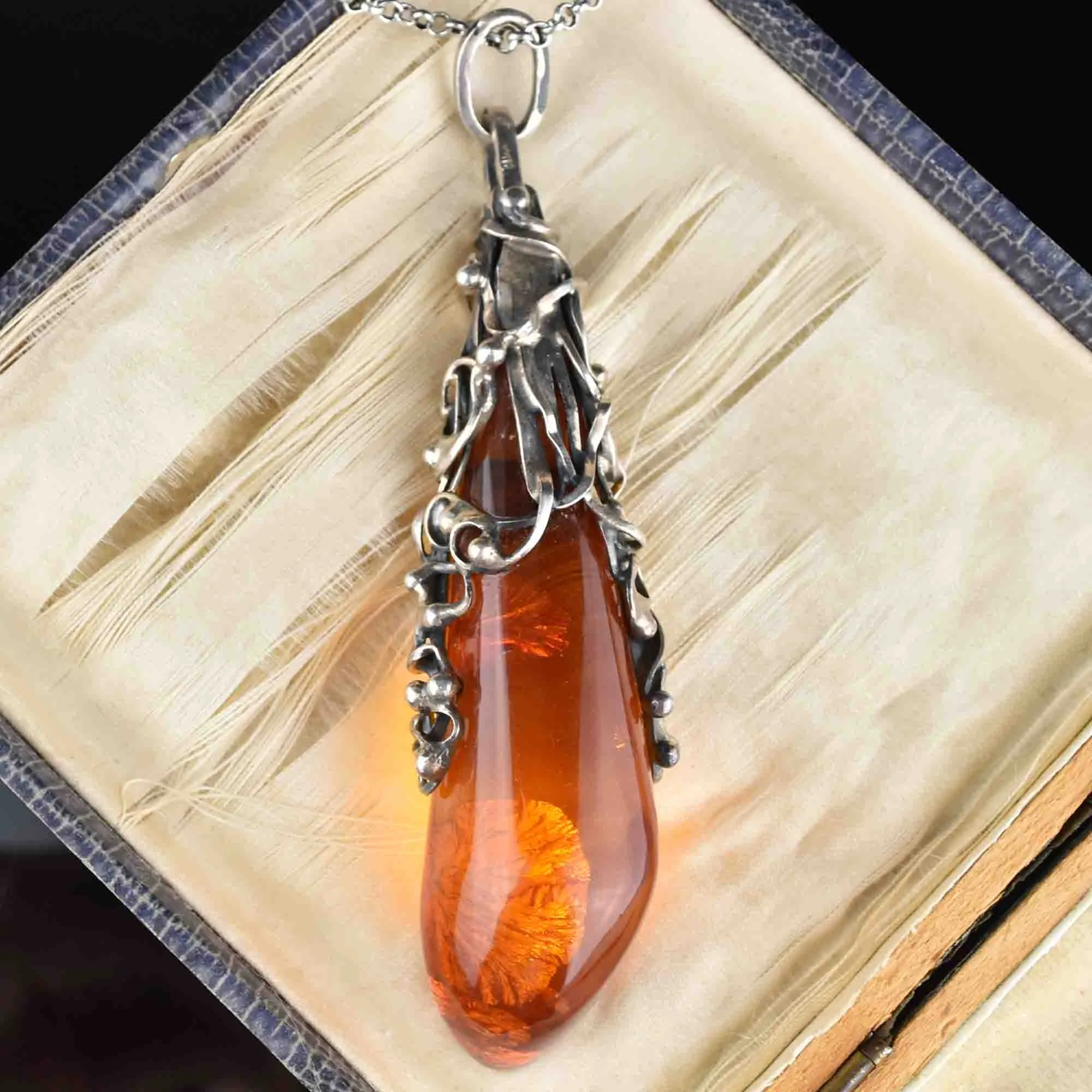 Arts and Crafts Style Silver Baltic Amber Pendant Necklace