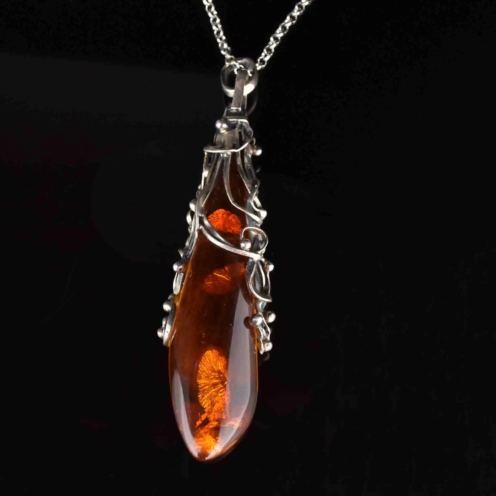 Arts and Crafts Style Silver Baltic Amber Pendant Necklace