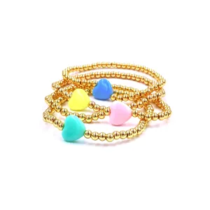 Ashley Gold Stainless Steel Gold Plated Ball Beaded Center Enamel Heart Stretch Bracelet