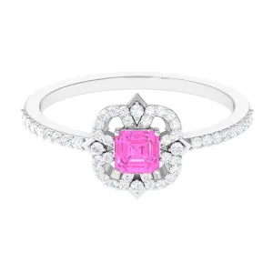 Asscher Cut Created Pink Sapphire Statement Engagement Ring with Diamond