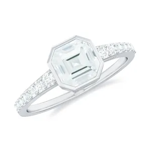 Asscher Moissanite Solitaire Engagement Ring with Side Stones