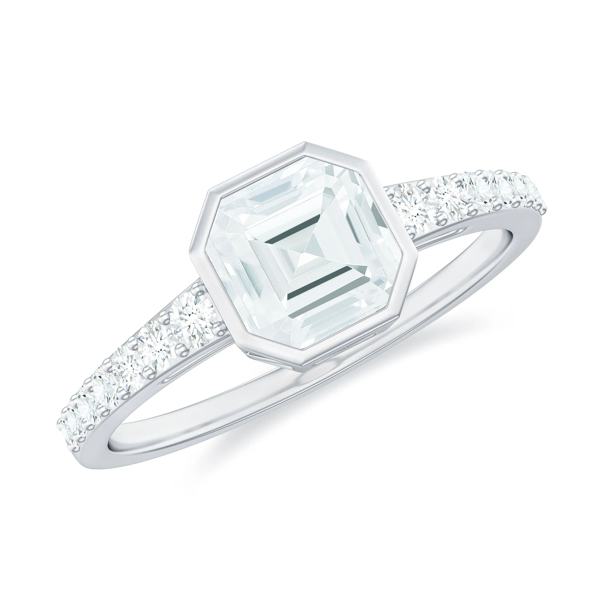 Asscher Moissanite Solitaire Engagement Ring with Side Stones