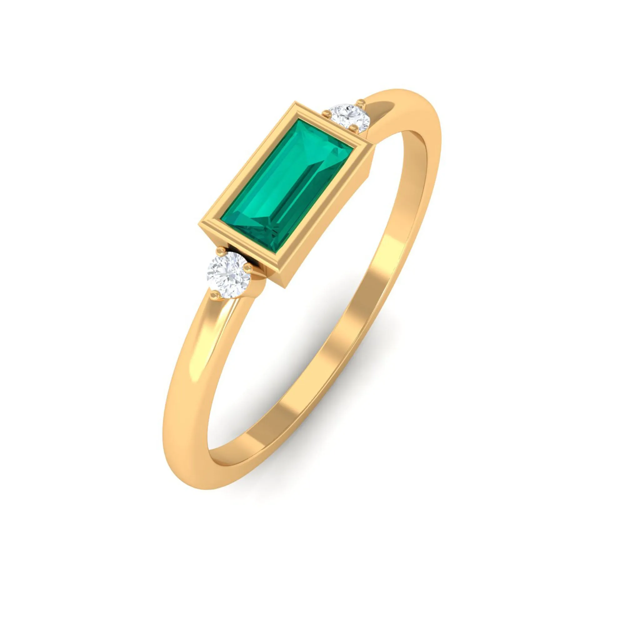 Baguette Cut Emerald East West Promise Ring with Diamond