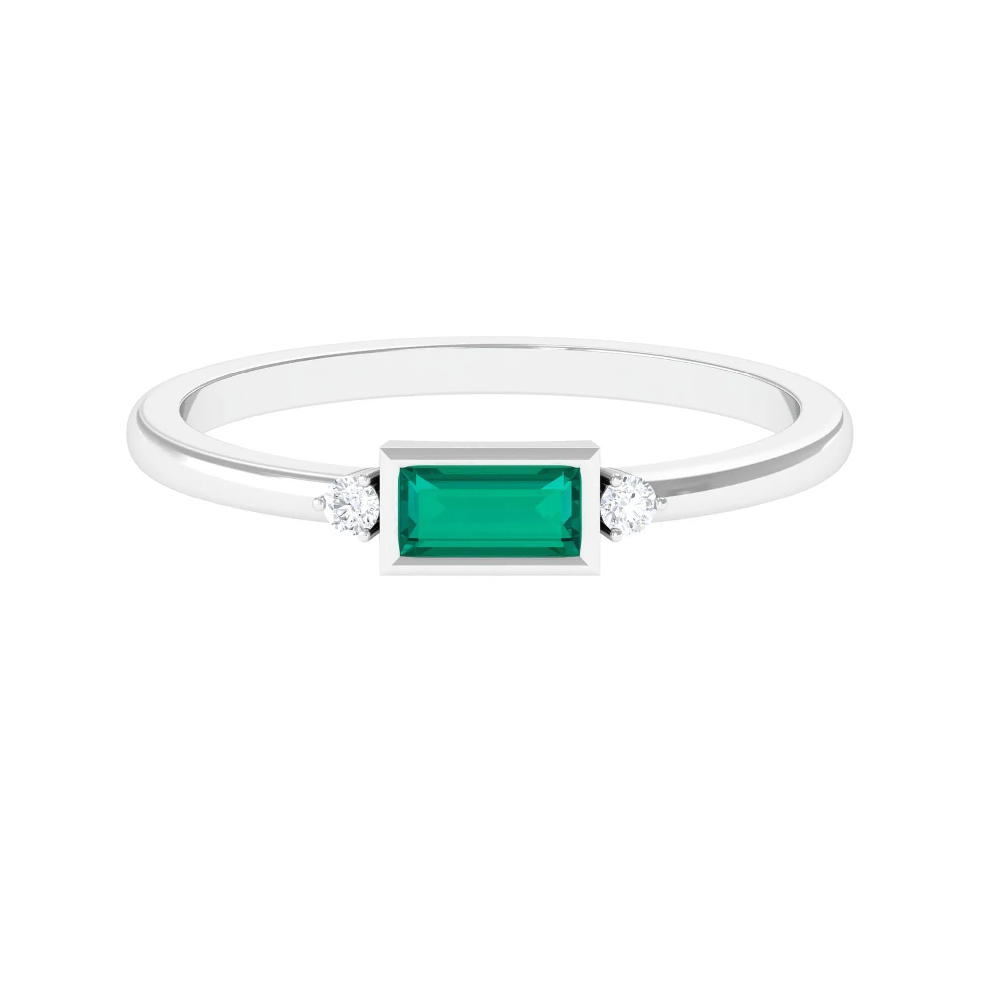 Baguette Cut Emerald East West Promise Ring with Diamond