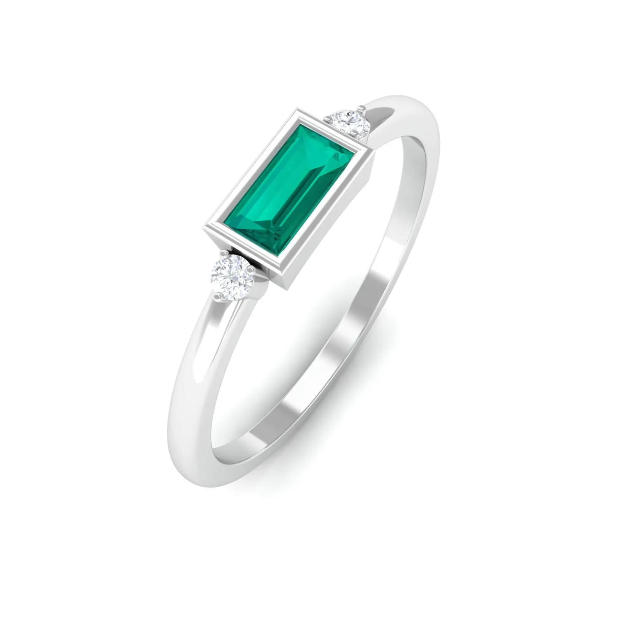 Baguette Cut Emerald East West Promise Ring with Diamond