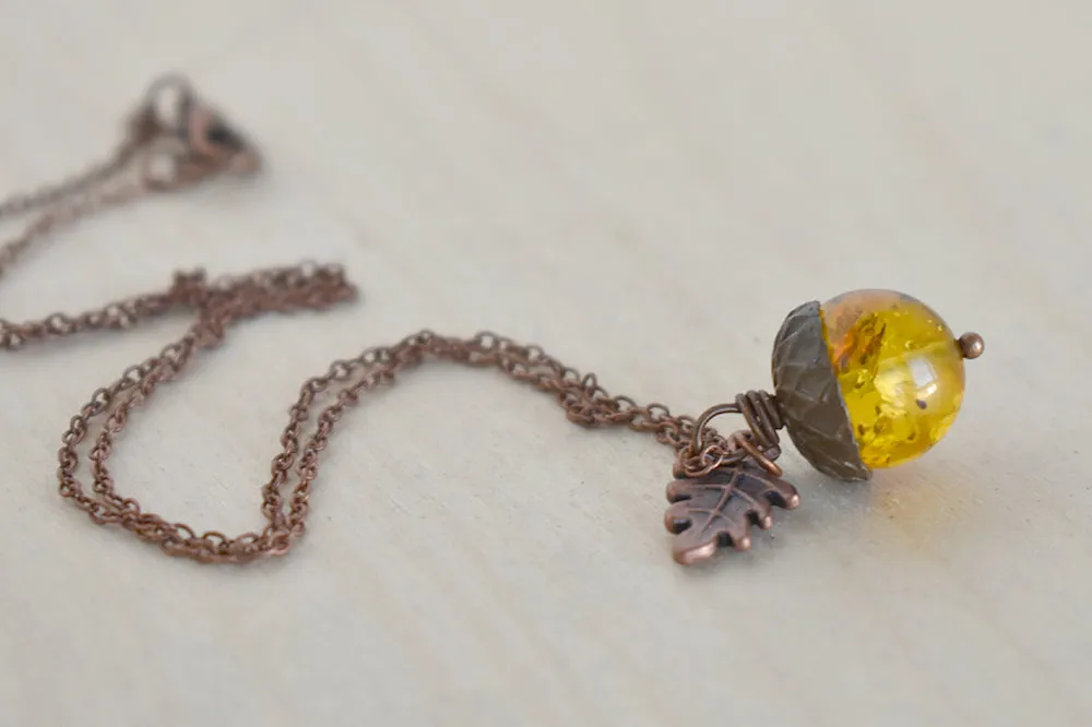 Baltic Amber and Copper Acorn Necklace | Real Amber Necklace | Nature Jewelry | Fall Amber Acorn