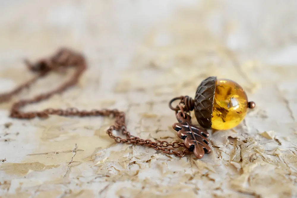 Baltic Amber and Copper Acorn Necklace | Real Amber Necklace | Nature Jewelry | Fall Amber Acorn