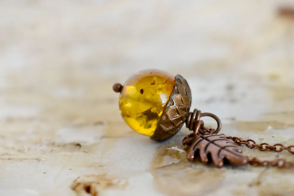 Baltic Amber and Copper Acorn Necklace | Real Amber Necklace | Nature Jewelry | Fall Amber Acorn