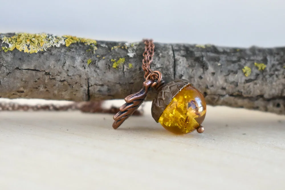 Baltic Amber and Copper Acorn Necklace | Real Amber Necklace | Nature Jewelry | Fall Amber Acorn