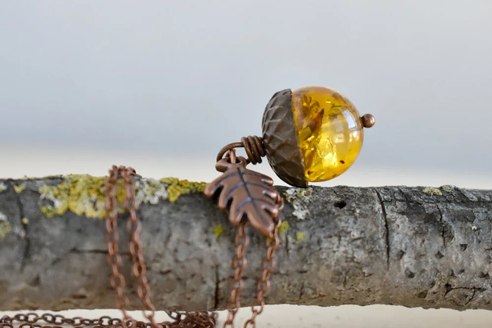 Baltic Amber and Copper Acorn Necklace | Real Amber Necklace | Nature Jewelry | Fall Amber Acorn