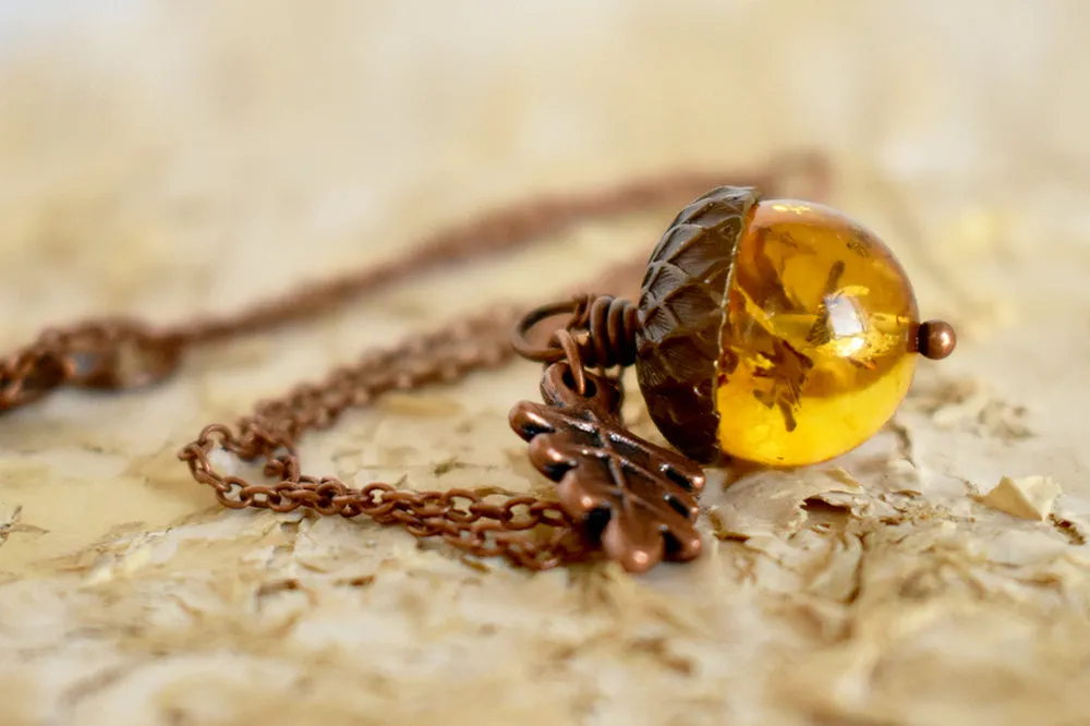 Baltic Amber and Copper Acorn Necklace | Real Amber Necklace | Nature Jewelry | Fall Amber Acorn