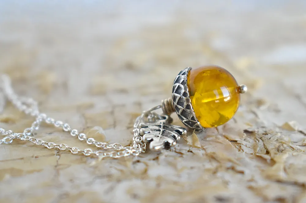 Baltic Amber and Silver Acorn Necklace | Real Amber Necklace | Nature Jewelry | Fall Amber Acorn