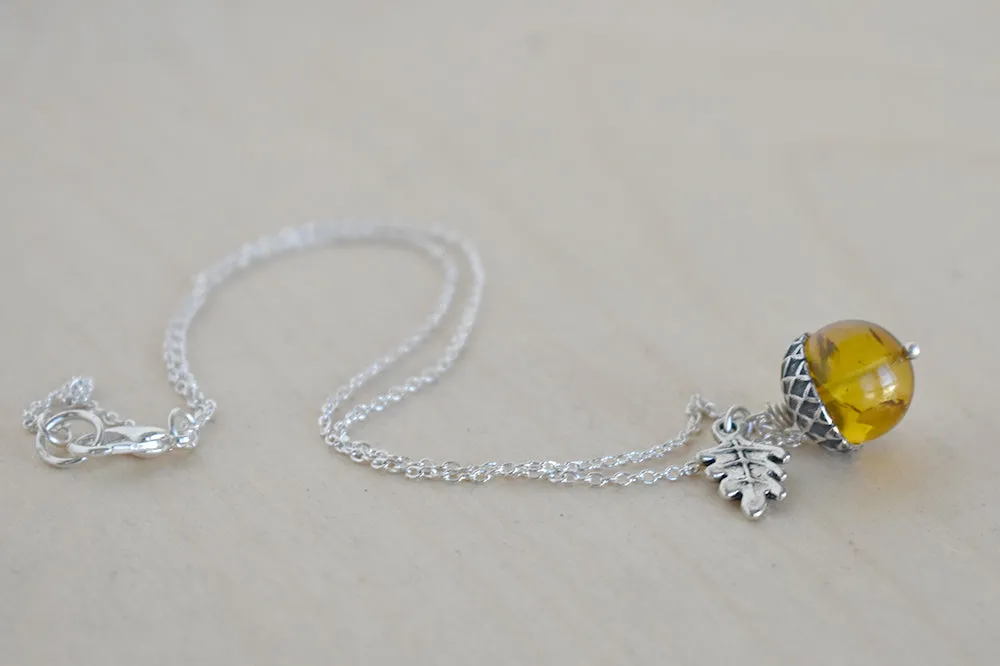 Baltic Amber and Silver Acorn Necklace | Real Amber Necklace | Nature Jewelry | Fall Amber Acorn