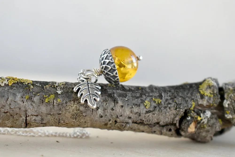 Baltic Amber and Silver Acorn Necklace | Real Amber Necklace | Nature Jewelry | Fall Amber Acorn