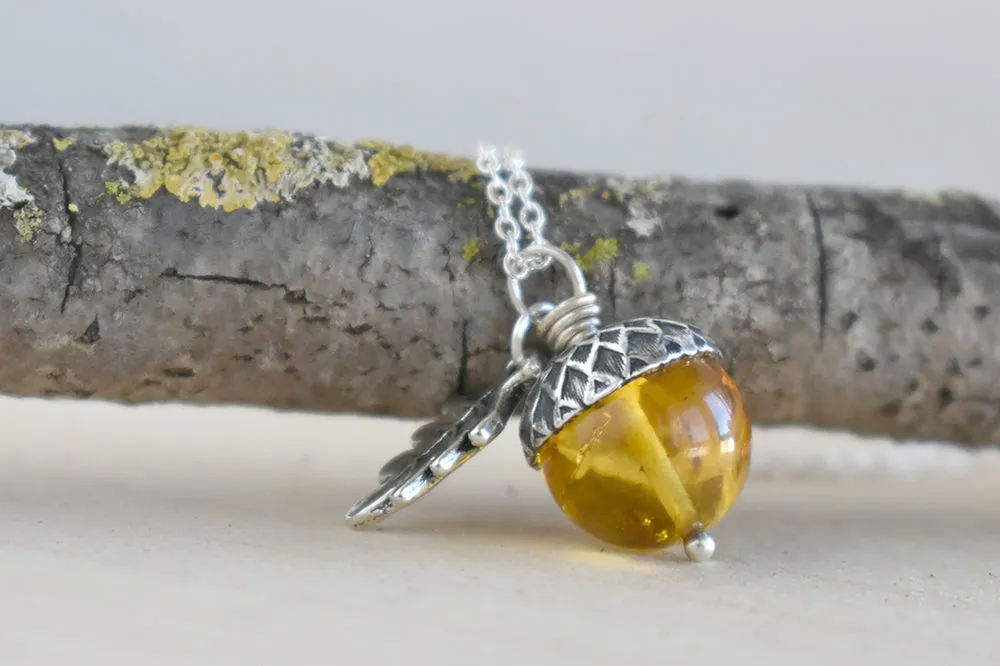 Baltic Amber and Silver Acorn Necklace | Real Amber Necklace | Nature Jewelry | Fall Amber Acorn