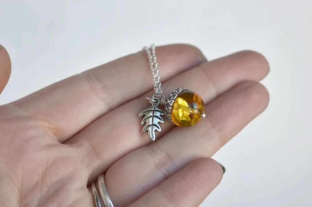 Baltic Amber and Silver Acorn Necklace | Real Amber Necklace | Nature Jewelry | Fall Amber Acorn