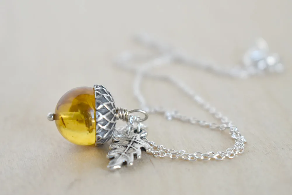 Baltic Amber and Silver Acorn Necklace | Real Amber Necklace | Nature Jewelry | Fall Amber Acorn