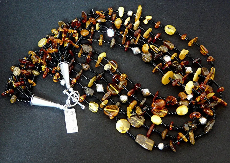 Baltic Amber Nugget 6-Strand Necklace with Black Seed Beads and Sterling Silver Beads, Cones & Toggle Clasp