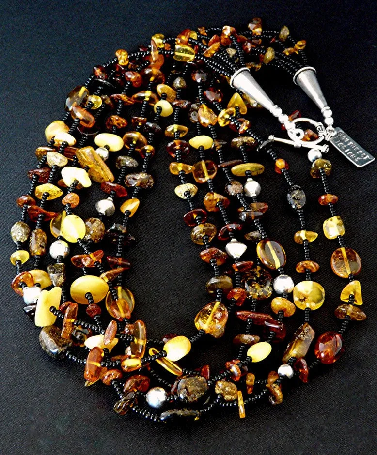 Baltic Amber Nugget 6-Strand Necklace with Black Seed Beads and Sterling Silver Beads, Cones & Toggle Clasp