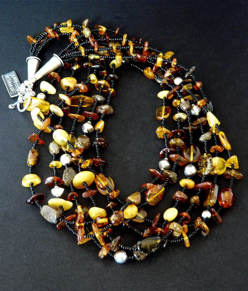 Baltic Amber Nugget 6-Strand Necklace with Black Seed Beads and Sterling Silver Beads, Cones & Toggle Clasp