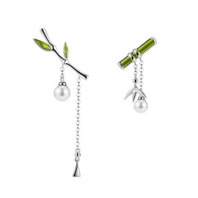 Bamboo Dangle Earring With Pearl Retro Style For Women Fine Jewelry