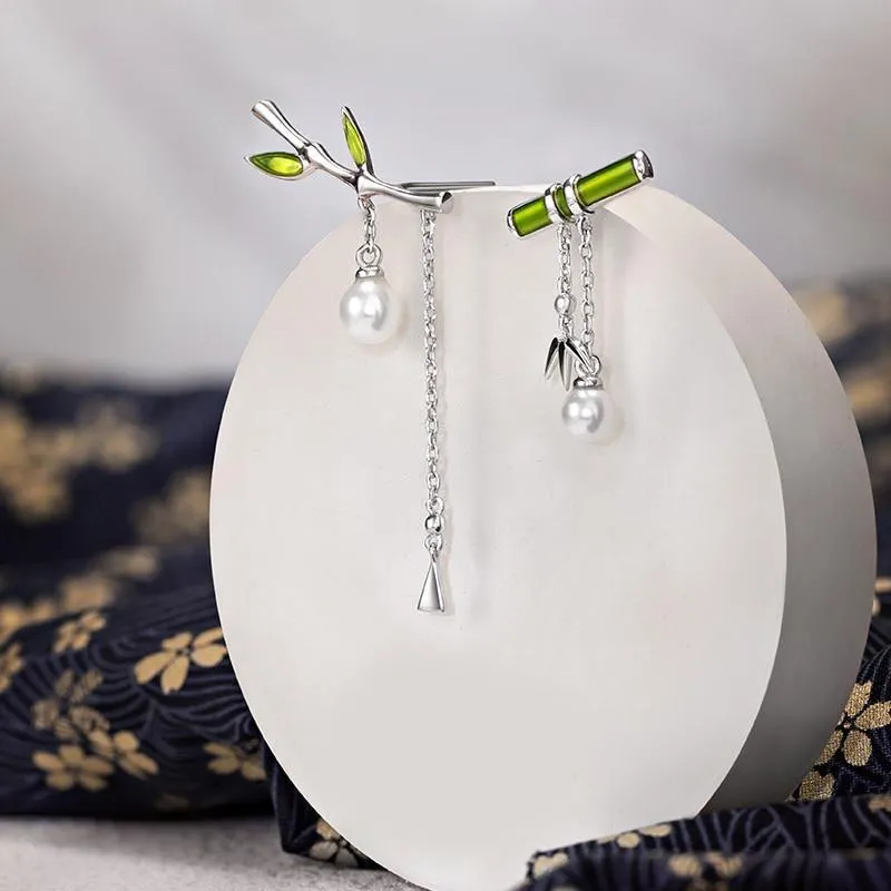 Bamboo Dangle Earring With Pearl Retro Style For Women Fine Jewelry