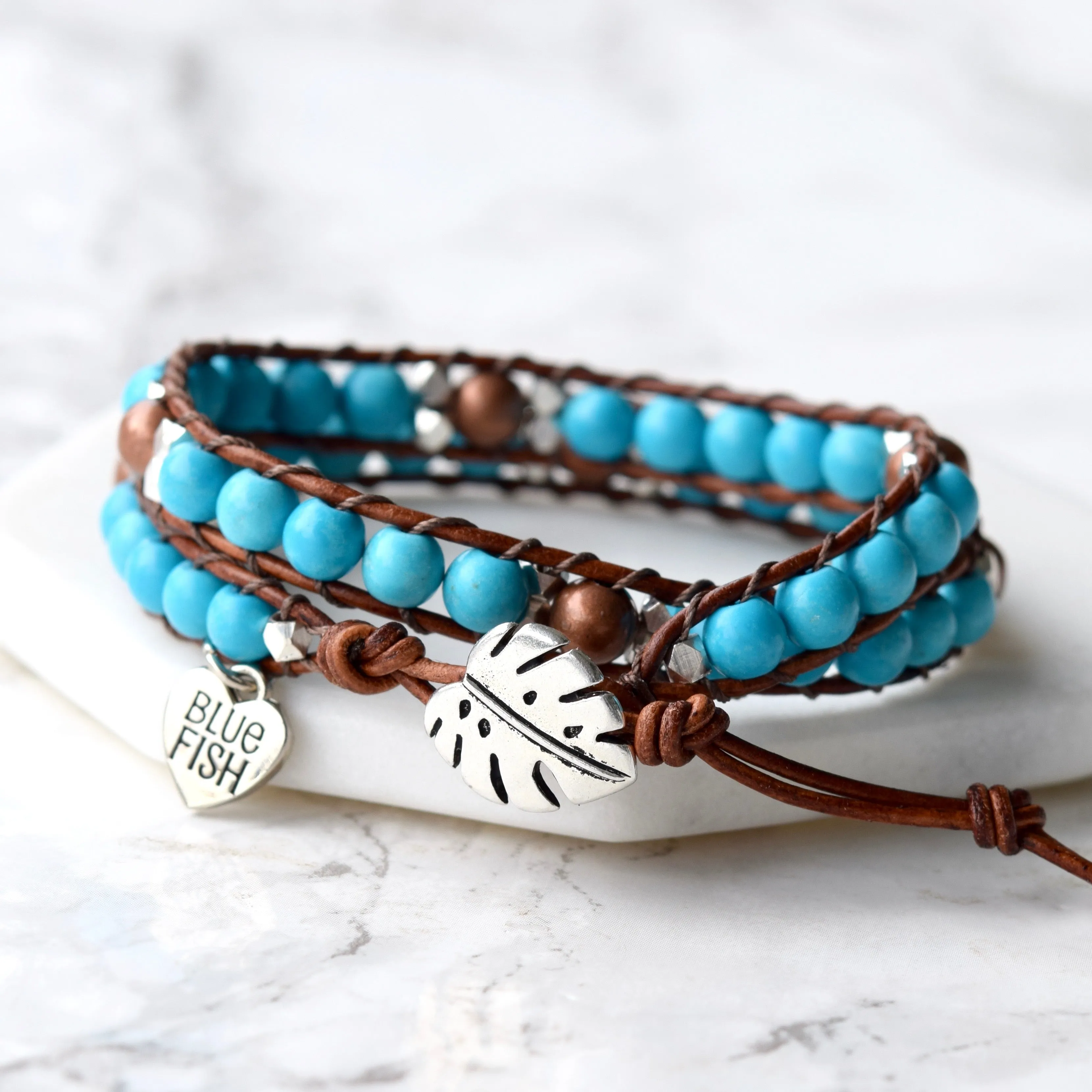 Beaded Turquoise Leather Wrap Bracelet With Monstera Button