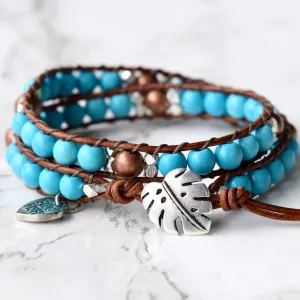 Beaded Turquoise Leather Wrap Bracelet With Monstera Button