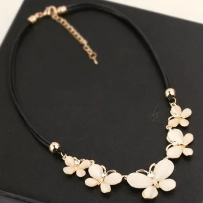 Beatiful Opal Butterfly Design Black Leather Necklace