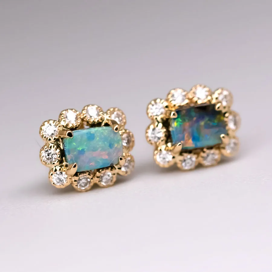 Beautiful Australian Black Opal & Halo Diamond Stud Earrings 18k Yellow Gold