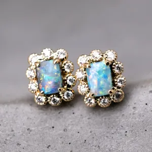 Beautiful Australian Black Opal & Halo Diamond Stud Earrings 18k Yellow Gold