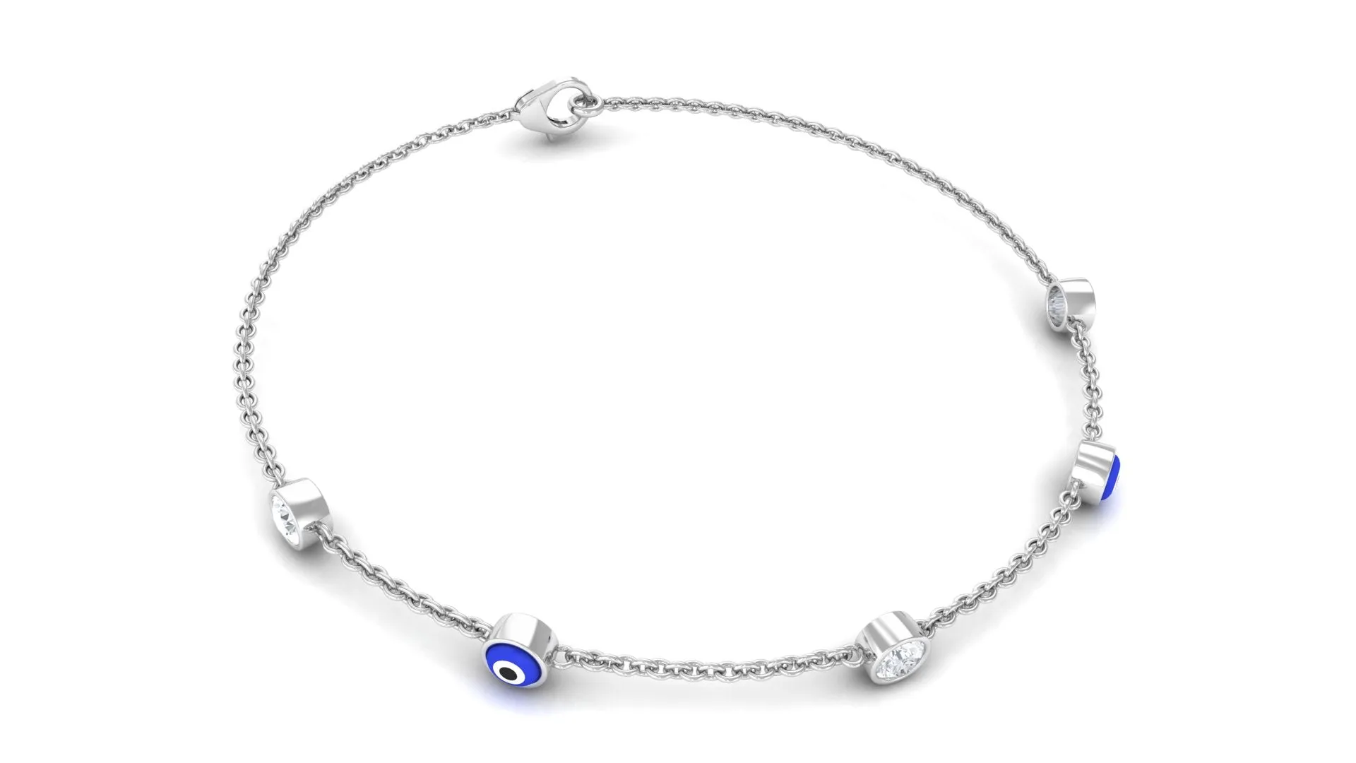 Bezel Set Moissanite and Evil Eye Station Chain Bracelet