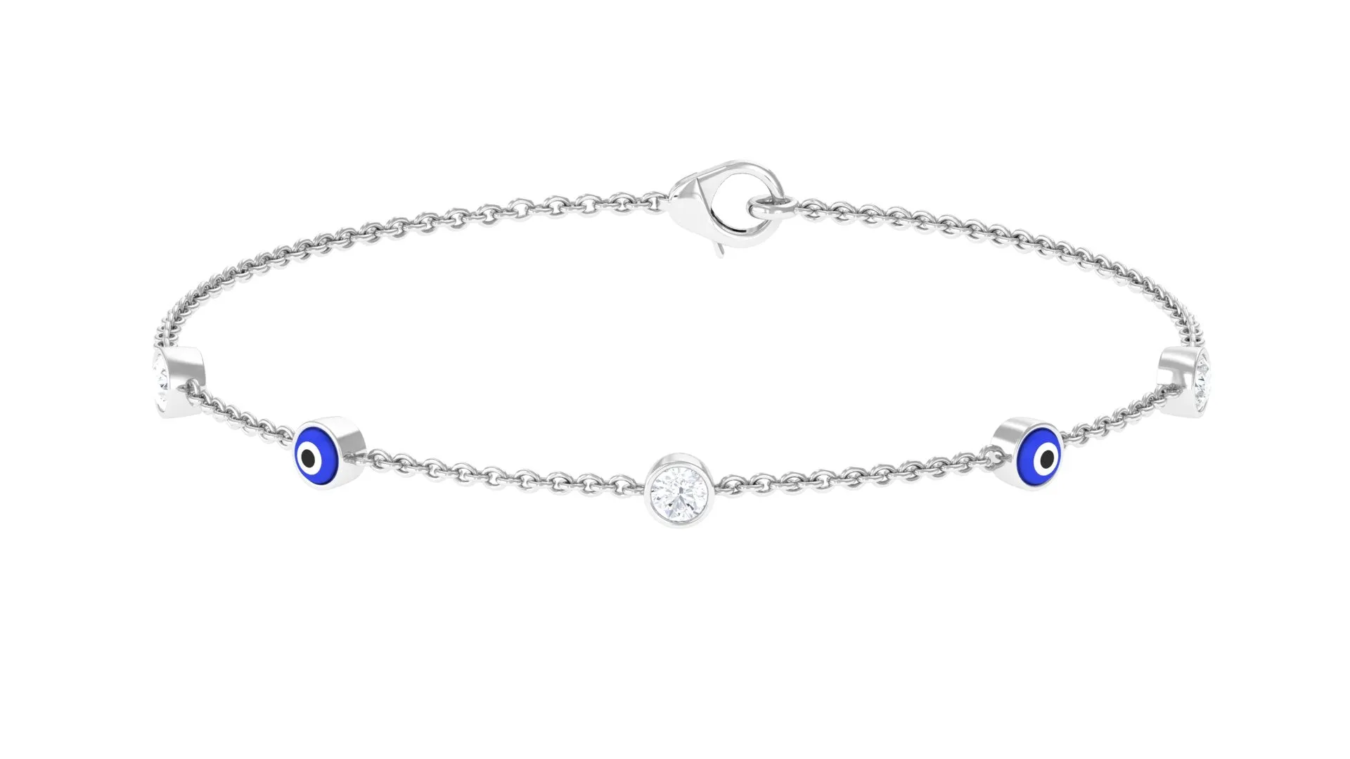 Bezel Set Moissanite and Evil Eye Station Chain Bracelet