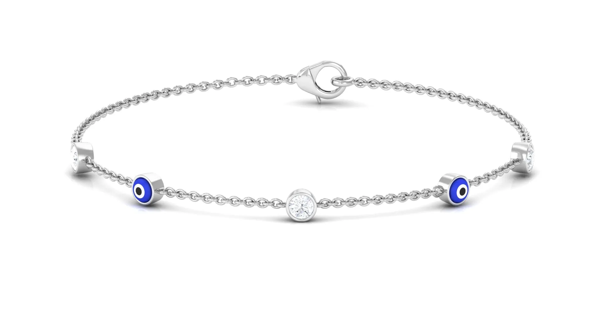 Bezel Set Moissanite and Evil Eye Station Chain Bracelet