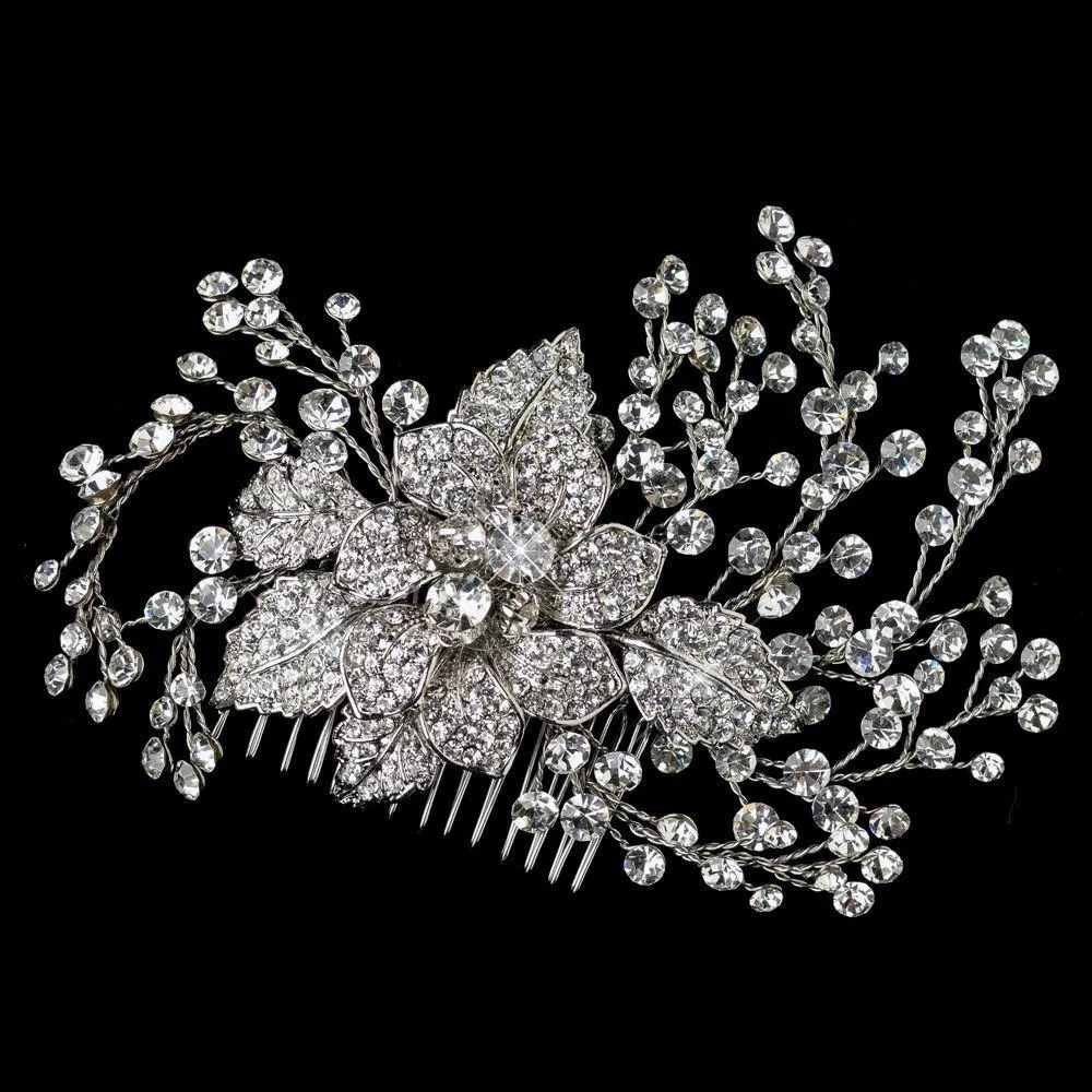 Big Antique Silver Floral Spray Bridal Couture Hair Comb