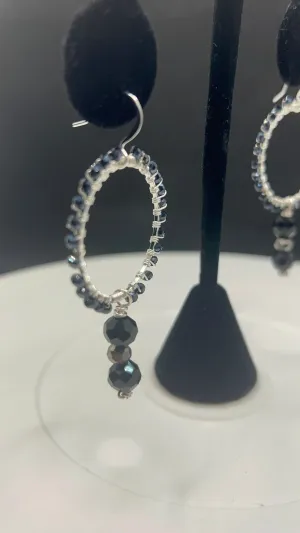 Black Fire Polished Crystals Circle Dangle Earrings with Silver and Black Drops