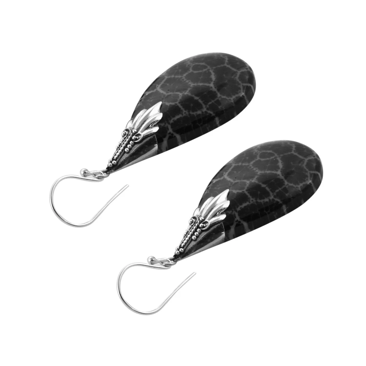 BLACK FOSSIL CORAL Earrings Tear Drop dangle in 925 Sterling Silver - 4.8 cm