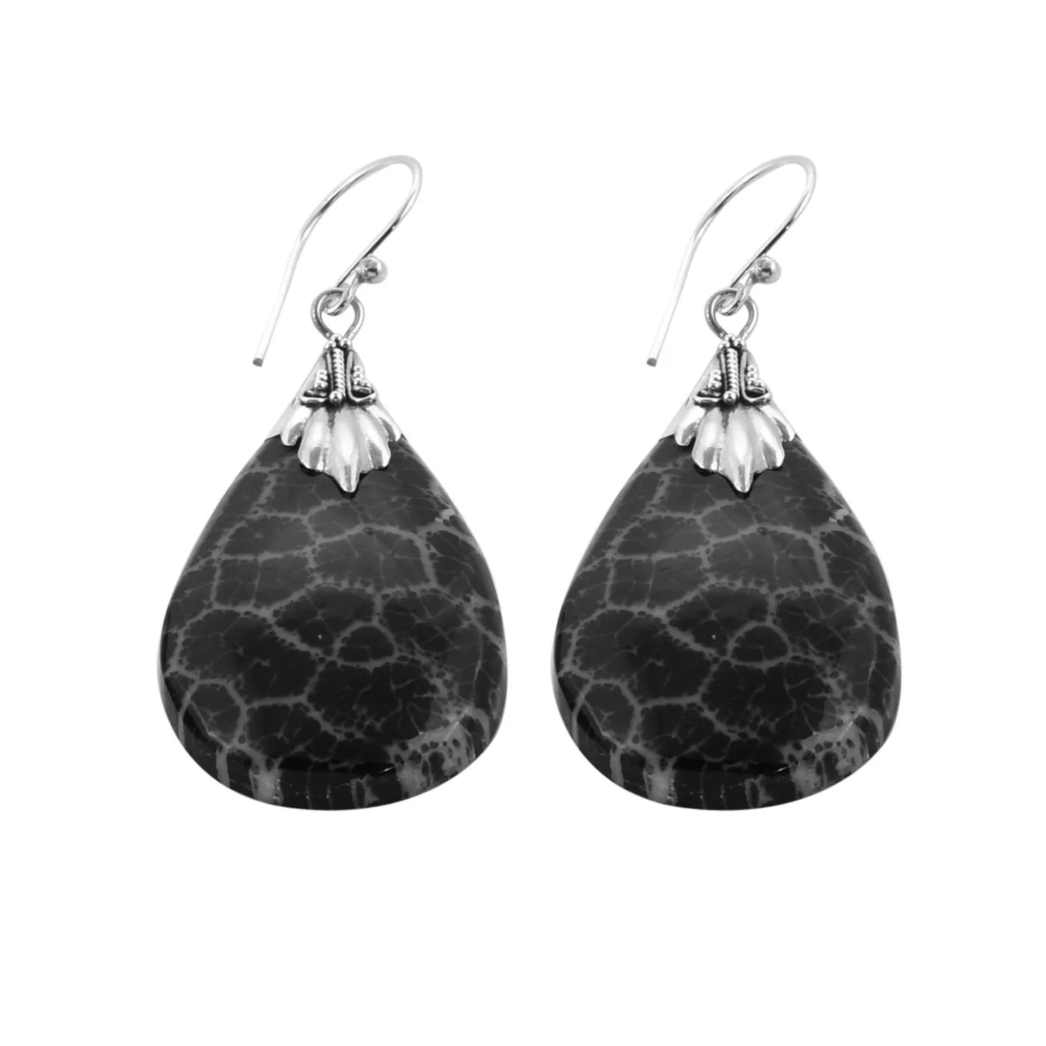 BLACK FOSSIL CORAL Earrings Tear Drop dangle in 925 Sterling Silver - 4.8 cm