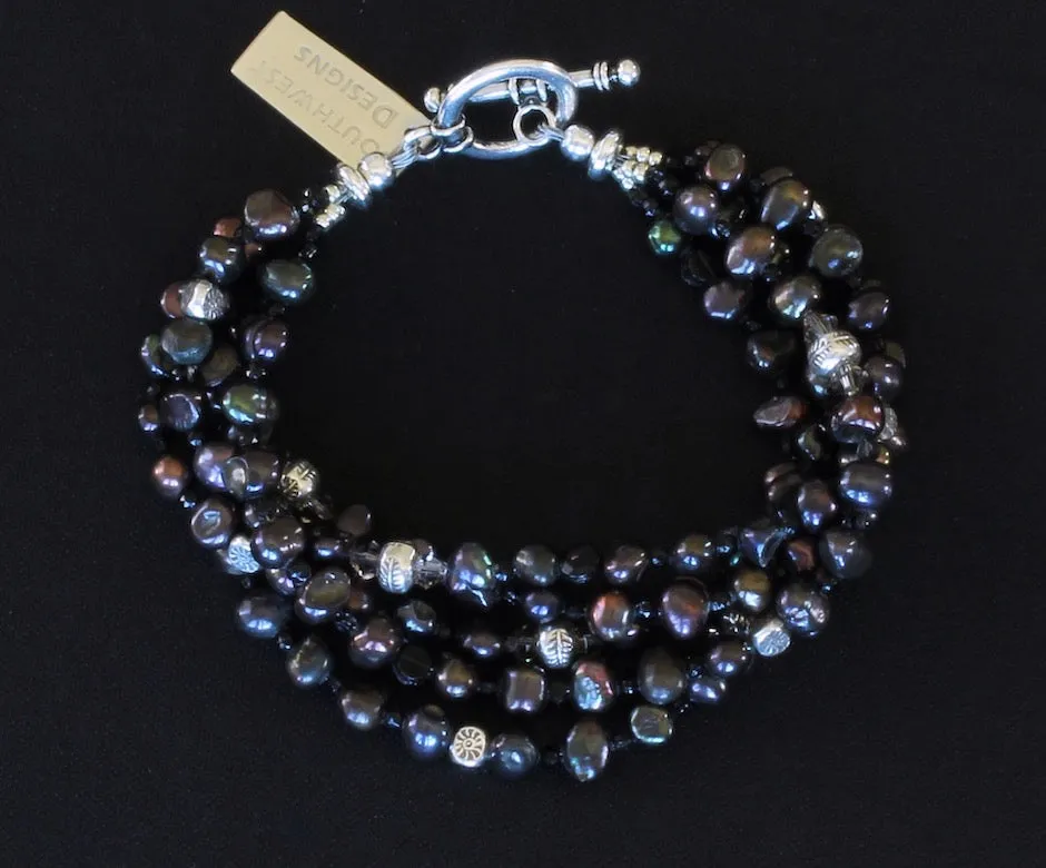 Black Nugget Pearl 5-Strand Bracelet with Sterling Silver Beads, Black Czechoslovakian Nailheads, Crystal Bicones, and a Sterling Silver Toggle Clasp