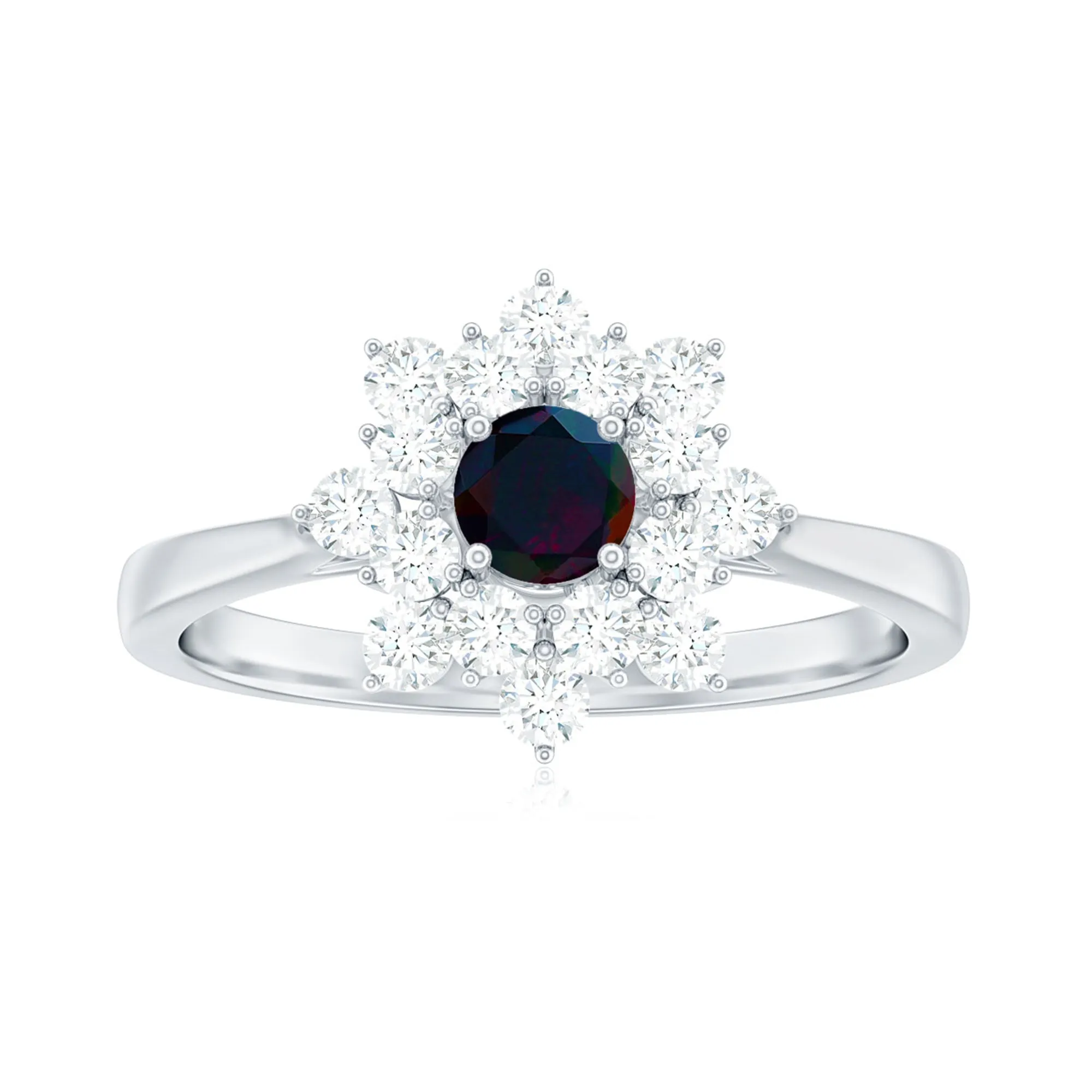 Black Opal and Diamond Flower Cluster Engagement Ring