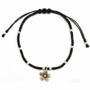 Black waxed & Silver Flower Bracelet