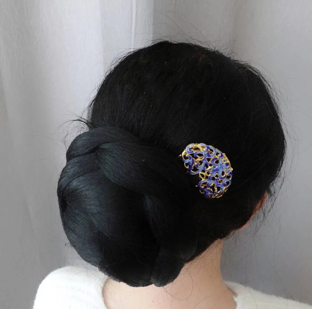 Blue Enamel Peony Hair Comb