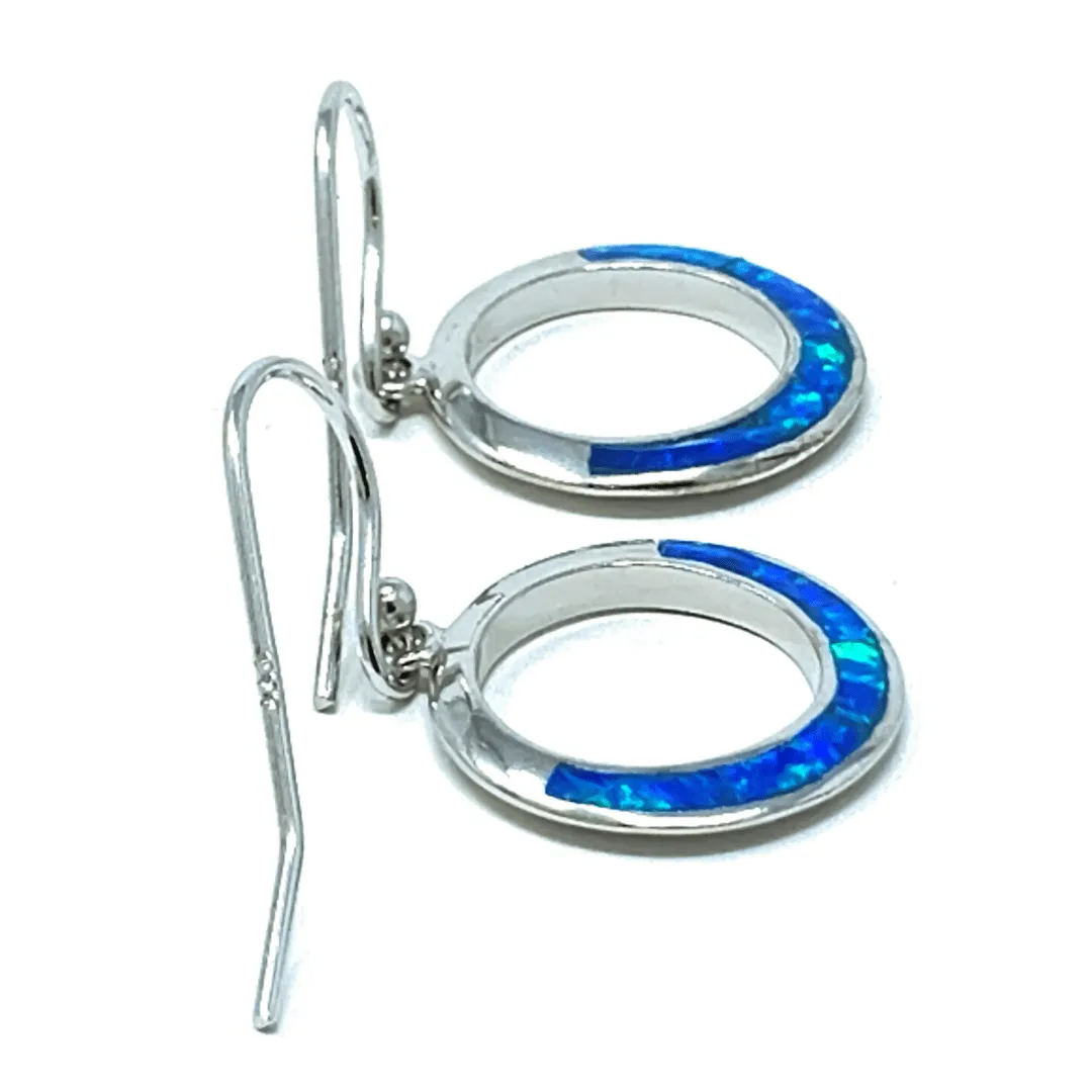 Blue Opal Sterling Silver Open Circle Dangle Earrings