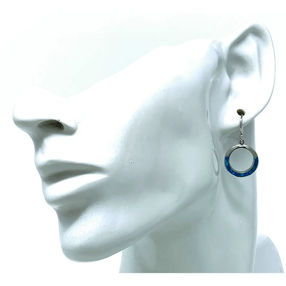 Blue Opal Sterling Silver Open Circle Dangle Earrings