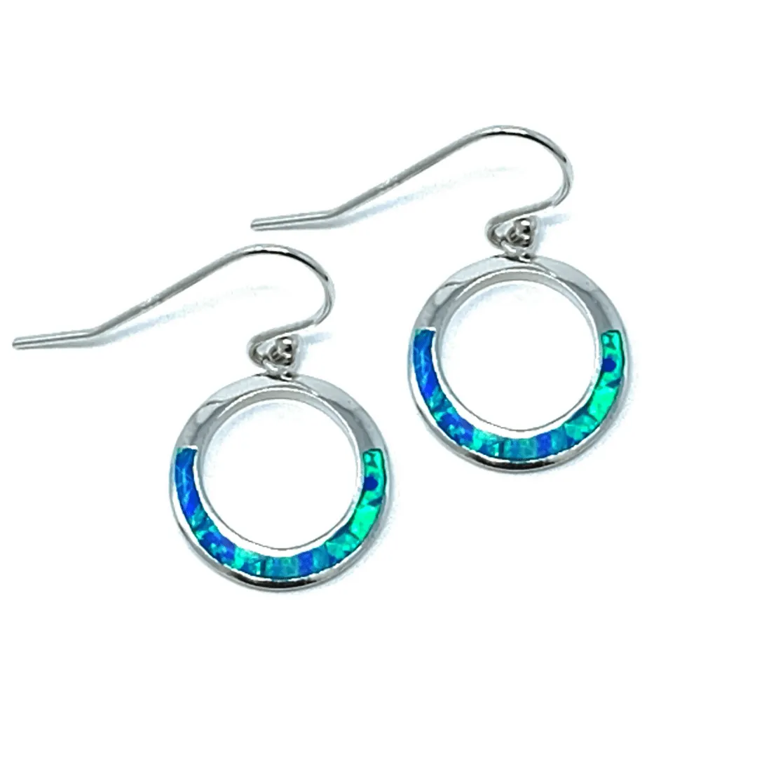 Blue Opal Sterling Silver Open Circle Dangle Earrings