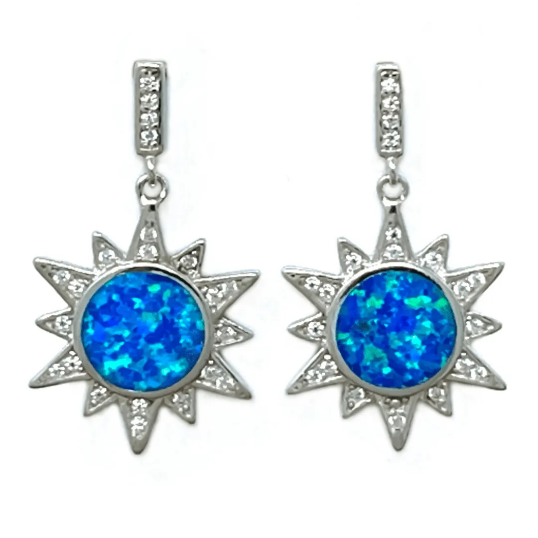 Blue Opal Sun Cubic Zirconia Sterling Silver Earrings